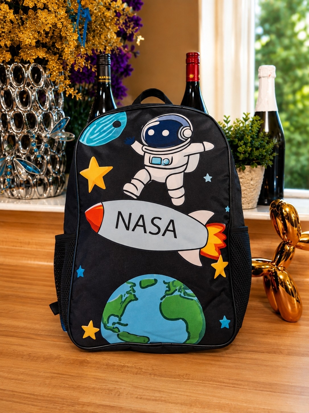 Kids Backpack in Black with Space Print